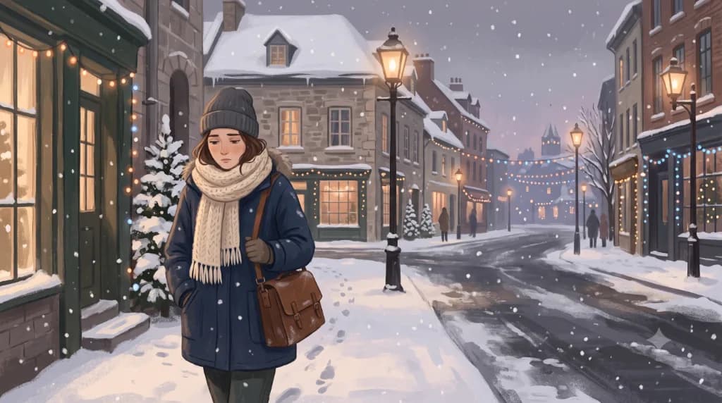 Valeria caminaba por la ciudad cubierta de nieve en Nochebuena.