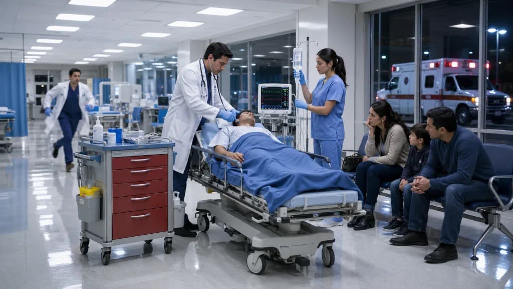 Esta es una sala de urgencias de un hospital moderno por la noche.