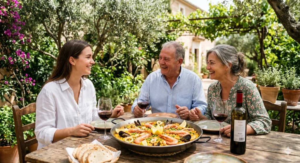 Esta es una foto de una familia almorzando en el jardín.