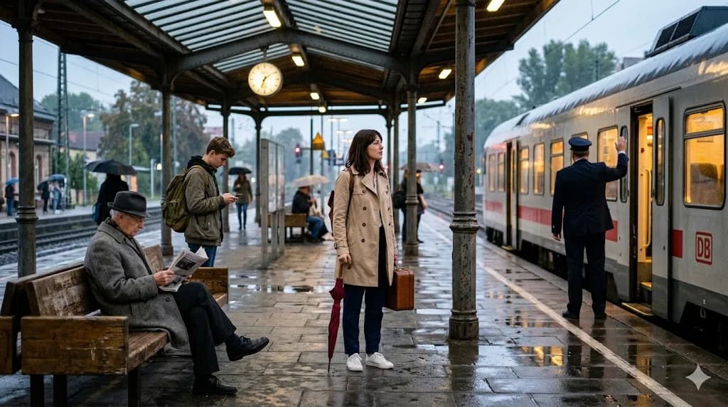 Esta es una estación de tren en una tarde lluviosa.